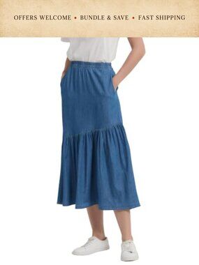 100% Cotton Denim Long Midi Skirt Pleated A-Line Elastic Waist